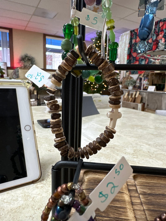 Bracelet-wood w/stone cross